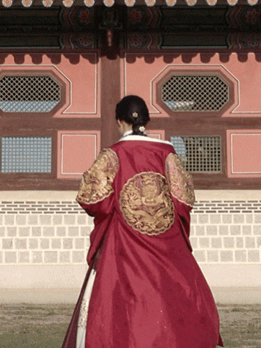 a woman in a red and gold dress stands in front of a pink building