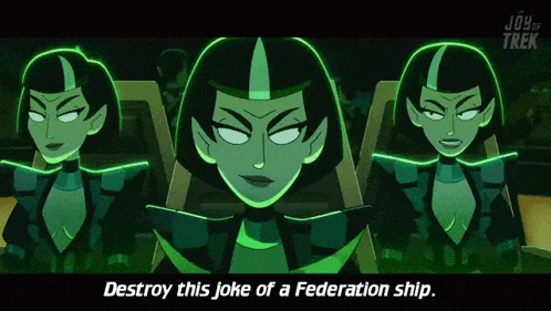 a group of cartoon characters are standing next to each other and one of them says destroy this joke of a federation ship
