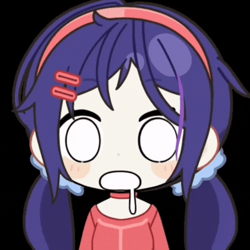 a cartoon drawing of a girl with purple hair making a surprised face