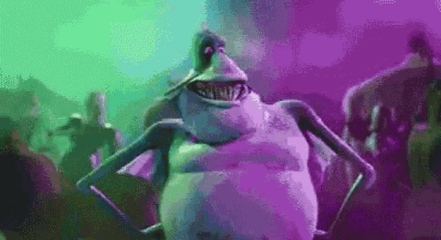 a pixel art of a cartoon character dancing in front of a crowd of people .