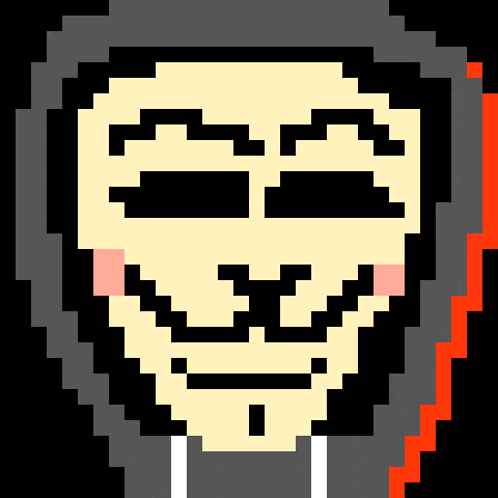 a pixel art drawing of a skull with a hood and a mustache .