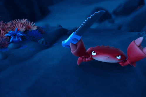 a cartoon crab is holding a knife in its hand