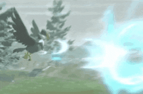 a bird is flying through the air in a video game while a blue light is coming out of it .