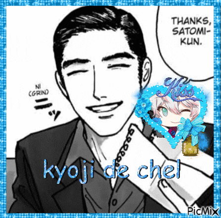 a man in a suit is smiling and holding a piece of paper that says kyoji de chel on it
