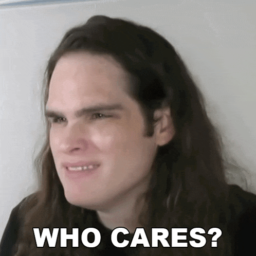 a man with long hair is making a funny face with the words who cares behind him