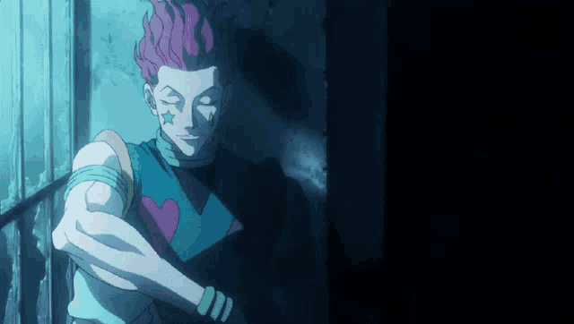 a cartoon character with pink hair and a heart on his chest