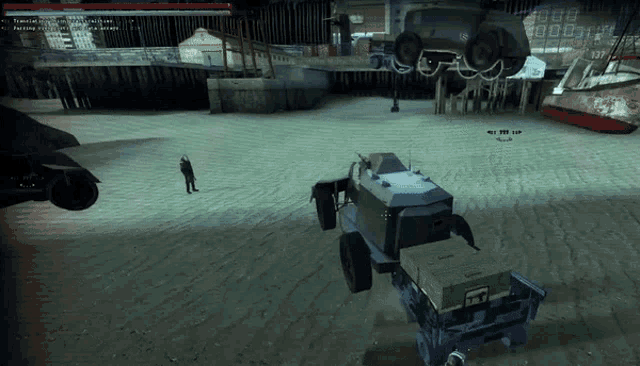 a screenshot of a video game shows a man standing in front of a military vehicle