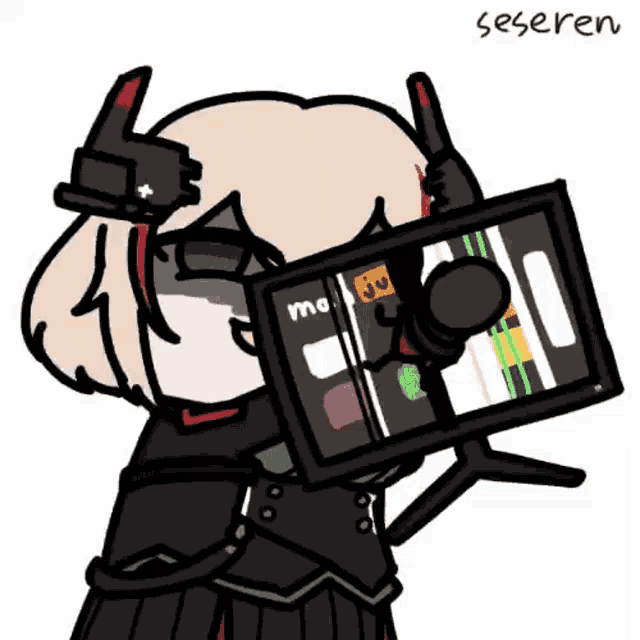 a cartoon drawing of a girl holding a tablet with a screen that says ' mo ' on it .