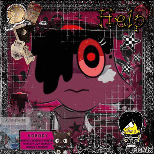 a picture of a cartoon character with the word help written on it