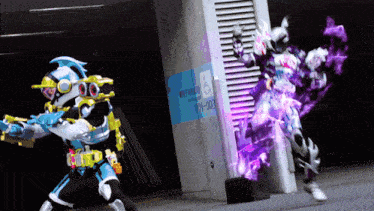 a purple robot is standing in front of a sign that says handicap accessible