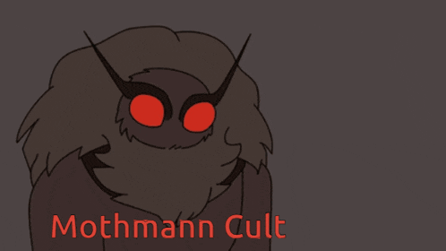 a cartoon of a moth holding a knife with the words mothmann cult written below it