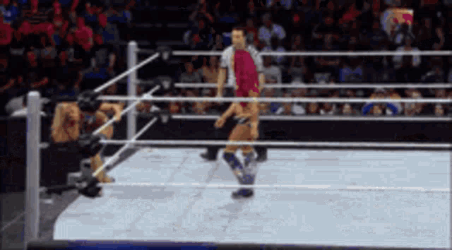 a wrestling match is being held in a ring with a referee
