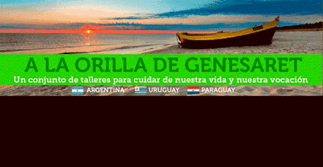 a boat on a beach with the words a la orilla de genezaret on the top