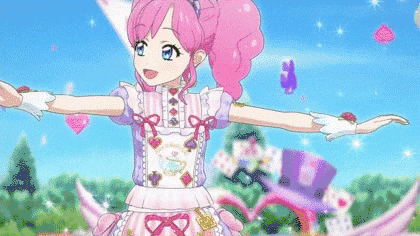 a girl with pink hair is wearing a pink and white dress and a top hat .