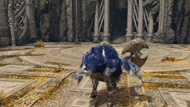 a screenshot of a video game shows a person in a blue cape standing in a circle