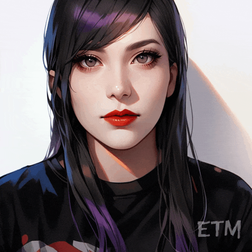 a drawing of a girl with purple hair and red lips with the word etm below her