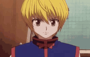 a close up of a cartoon character with yellow hair and a blue jacket
