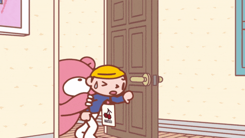a cartoon character with a yellow hat and a pink teddy bear