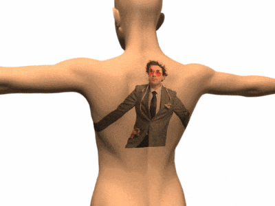a man with a tattoo of a man in a suit and tie