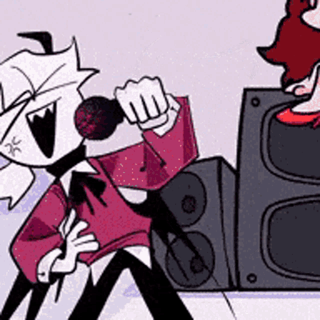 a cartoon character is singing into a microphone while a woman stands behind him .