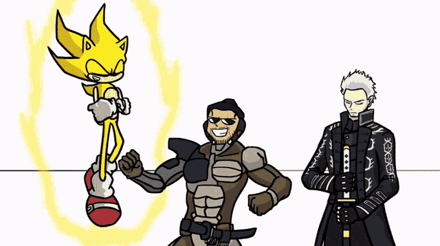 a cartoon of super sonic standing next to a man