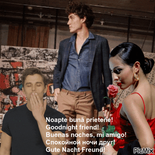 a man is covering his mouth while a woman holds a rose in front of him and says " goodnight friend "