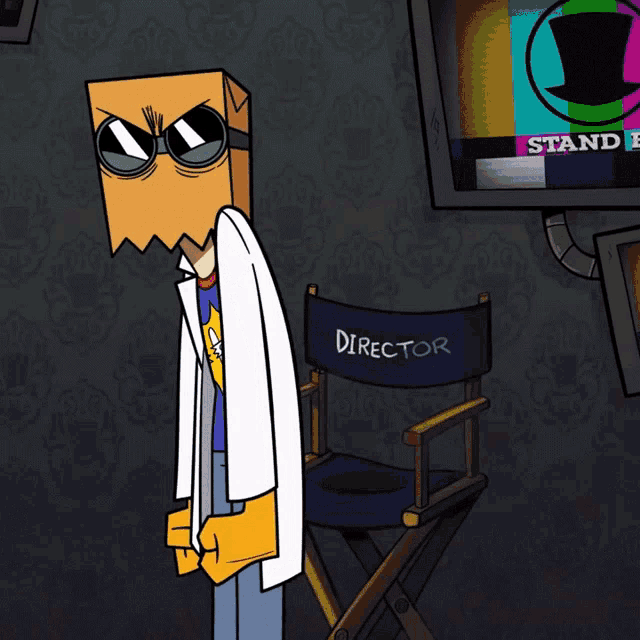 a cartoon character is standing next to a director chair