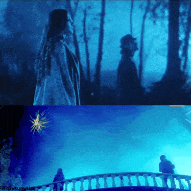 a man and a woman are standing on a bridge in a dark forest with a star in the background