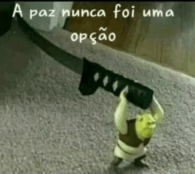 shrek from shrek is holding a sword over his head in a meme .