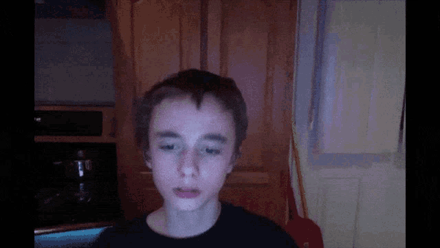a boy in a black shirt looks at the camera