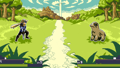 a pixel art drawing of a man and a dog with lv.5 and lv.4 on the bottom