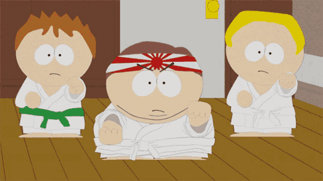 three cartoon characters in karate uniforms with one wearing a red and white headband with a sun on it
