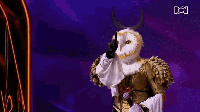 a person in a costume of an owl is holding a microphone .
