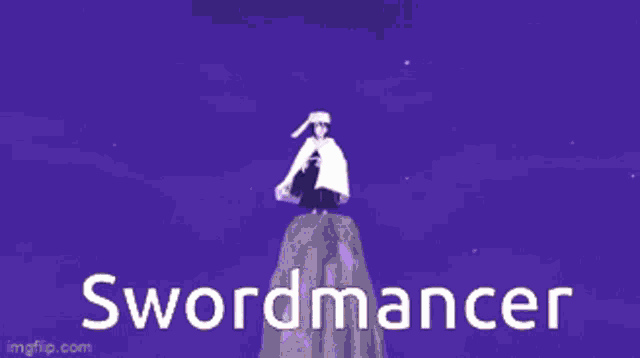 a swordmancer is standing in front of a purple background
