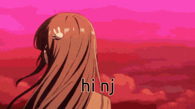a girl with long hair is standing in front of a pink sky with the words hi nj on the bottom