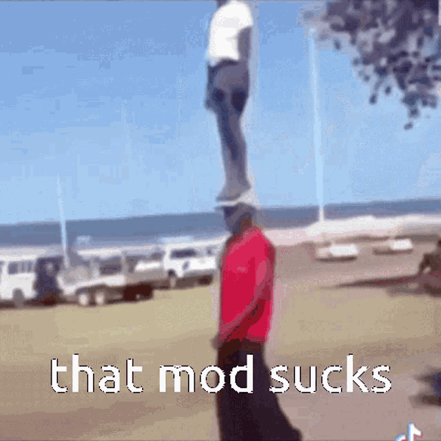 a man is hanging from a pole with the words that mod sucks written below him