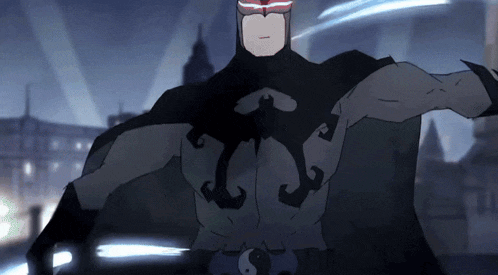 a cartoon of a man in a black cape with a ying yang symbol on his chest