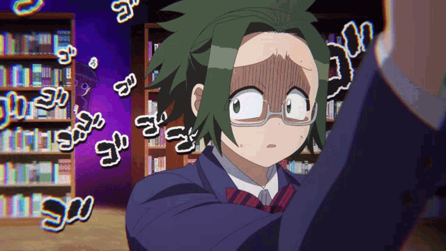 a girl with green hair and glasses looks surprised