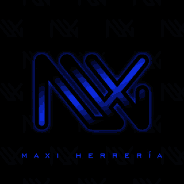 a blue and black logo for maxi herreria on a dark background