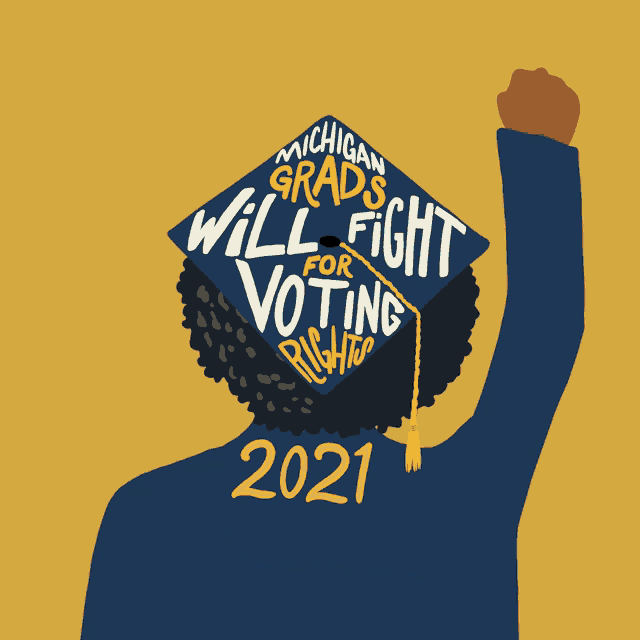 a woman wearing a michigan grads will fight for voting cap
