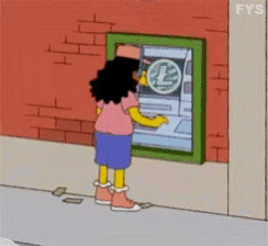 a cartoon of a girl using an atm with a pound sign on it