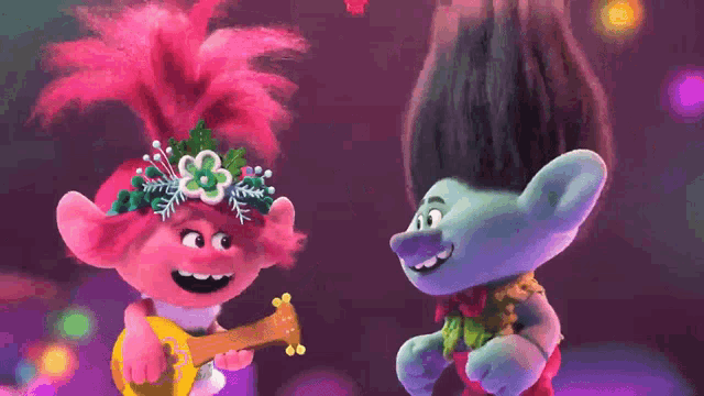 a couple of trolls standing next to each other one of them is playing a guitar