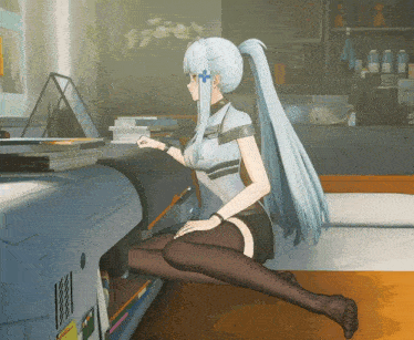 a girl with white hair and a blue cross on her ear