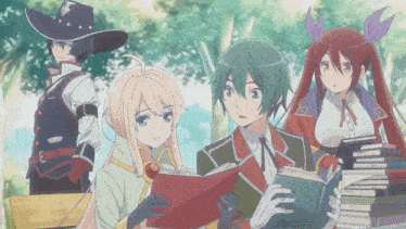 a group of anime characters are standing around a pile of books