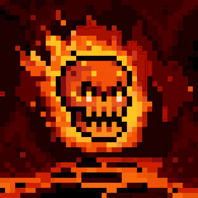 a pixel art of a burning skull with flames around it