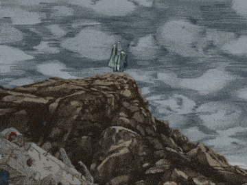 a drawing of a robot standing on top of a rocky mountain