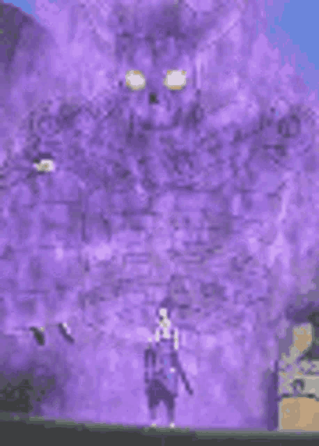 a person is standing in front of a large purple monster with glowing eyes .