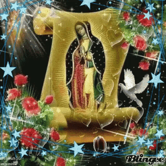 a picture of the virgin mary is surrounded by hearts and roses