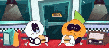 two cartoon characters are eating hamburgers in front of a closed sign .