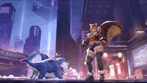a squirrel is standing next to a shark in a video game